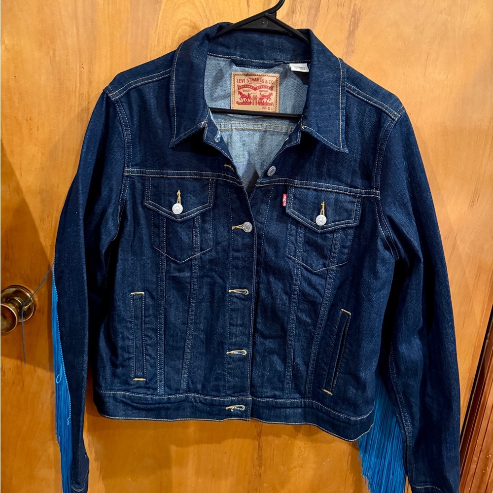 Levi's Women's Denim Jacket - custom turquoise fringe